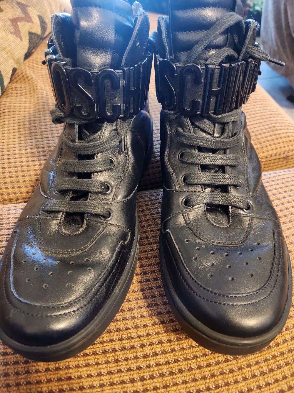 Moschino Black Leather High-Top Sneakers with Logo Strap Size 44 Usa 11